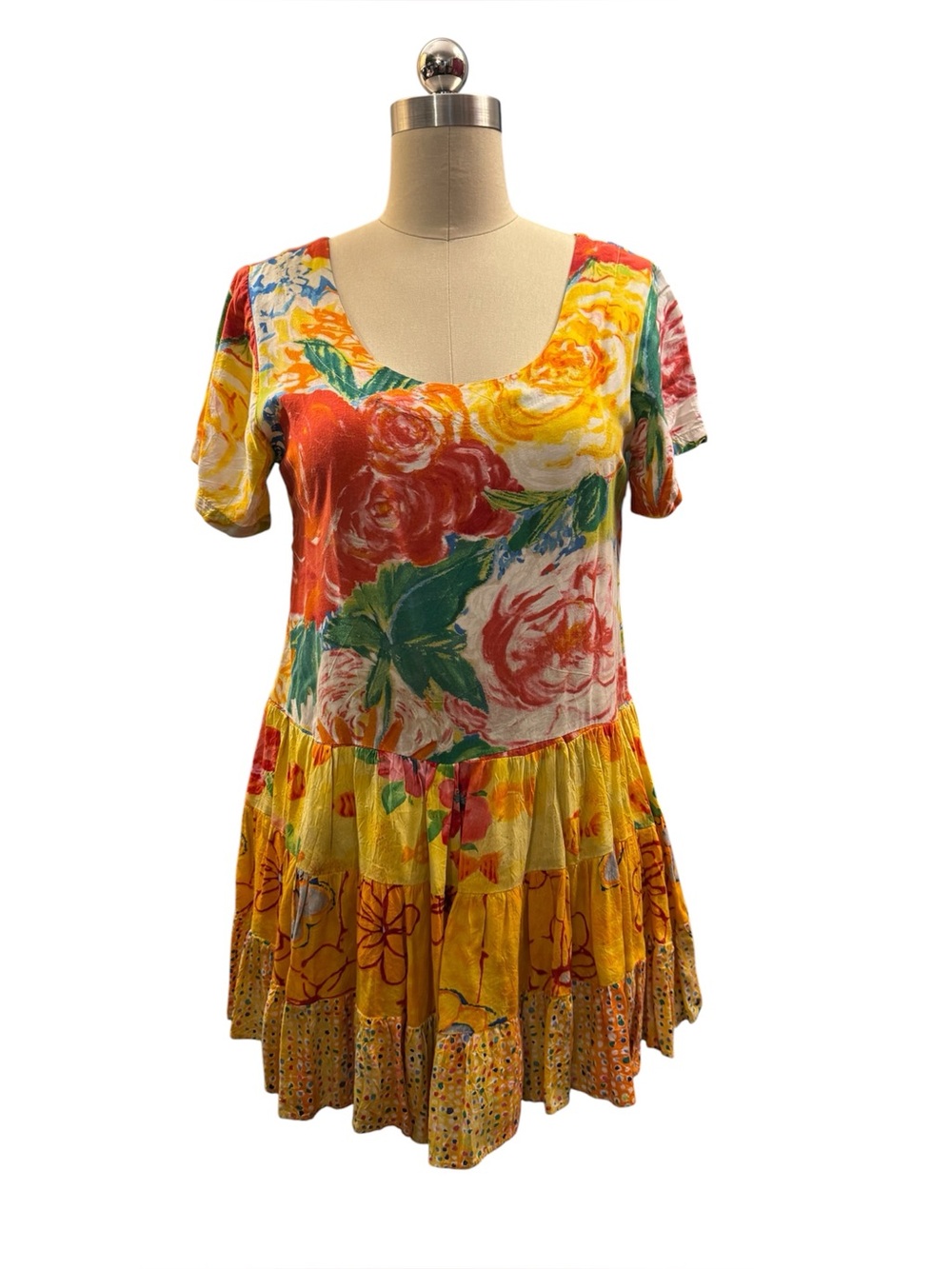 Jam’s World Hattie Dress XS 100% Rayon Hawaiian Art Print Tiered Ruffle Mini